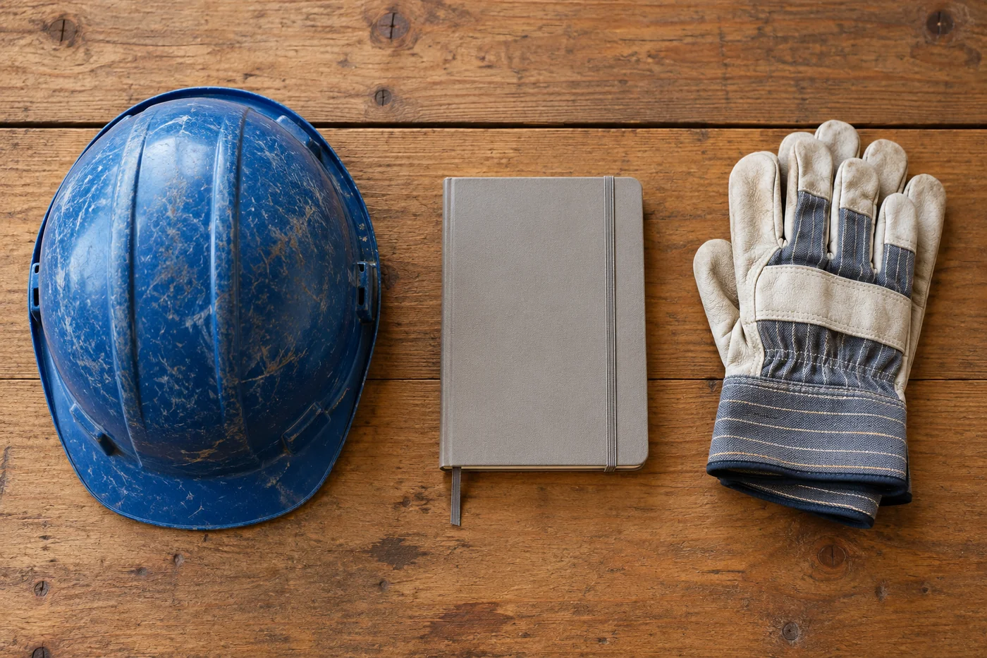 A blue hard hat, work gloves, and a closed notebook on a wooden bench